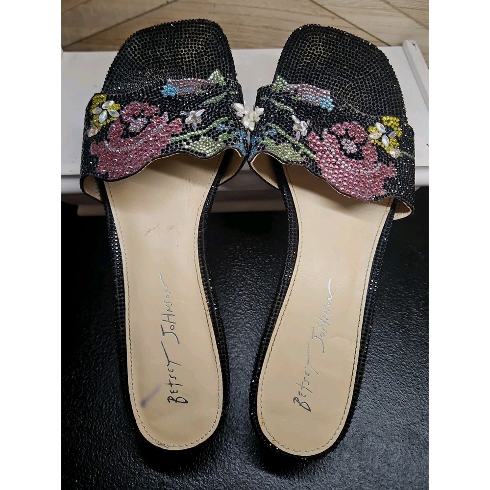 Betseyville Black Rose Floral Rhinestone Slide Sandals 8 Peep-toe Cottage #756